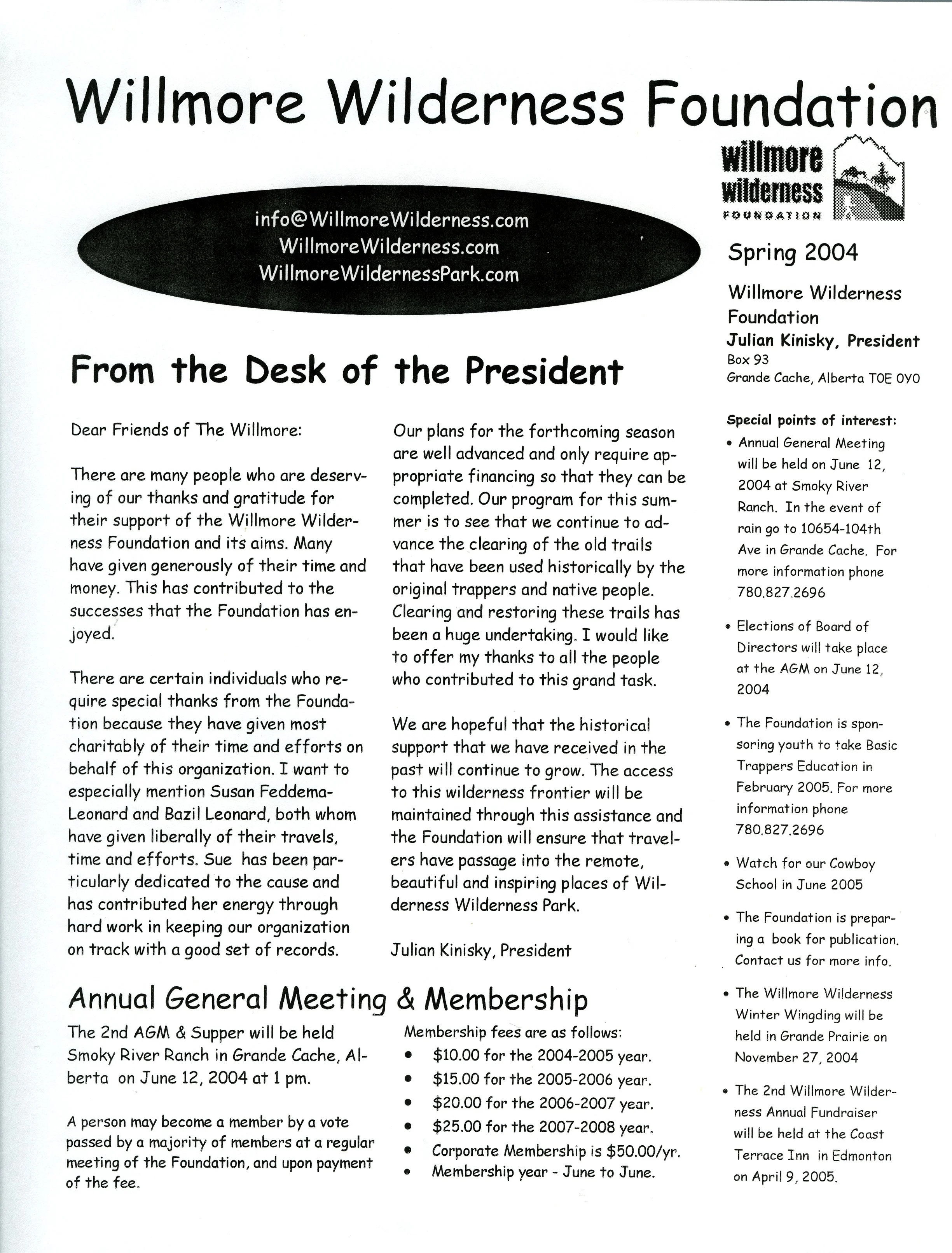Spring 2004 Willmore Wilderness Foundation newsletter page featuring the president’s message, meeting and membership information, events, and foundation logo.