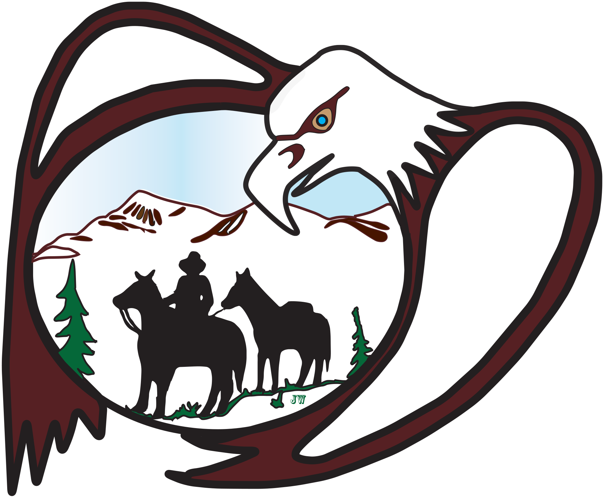 Illustration of a bald eagle flying over a mountain landscape with pine trees and bear silhouettes