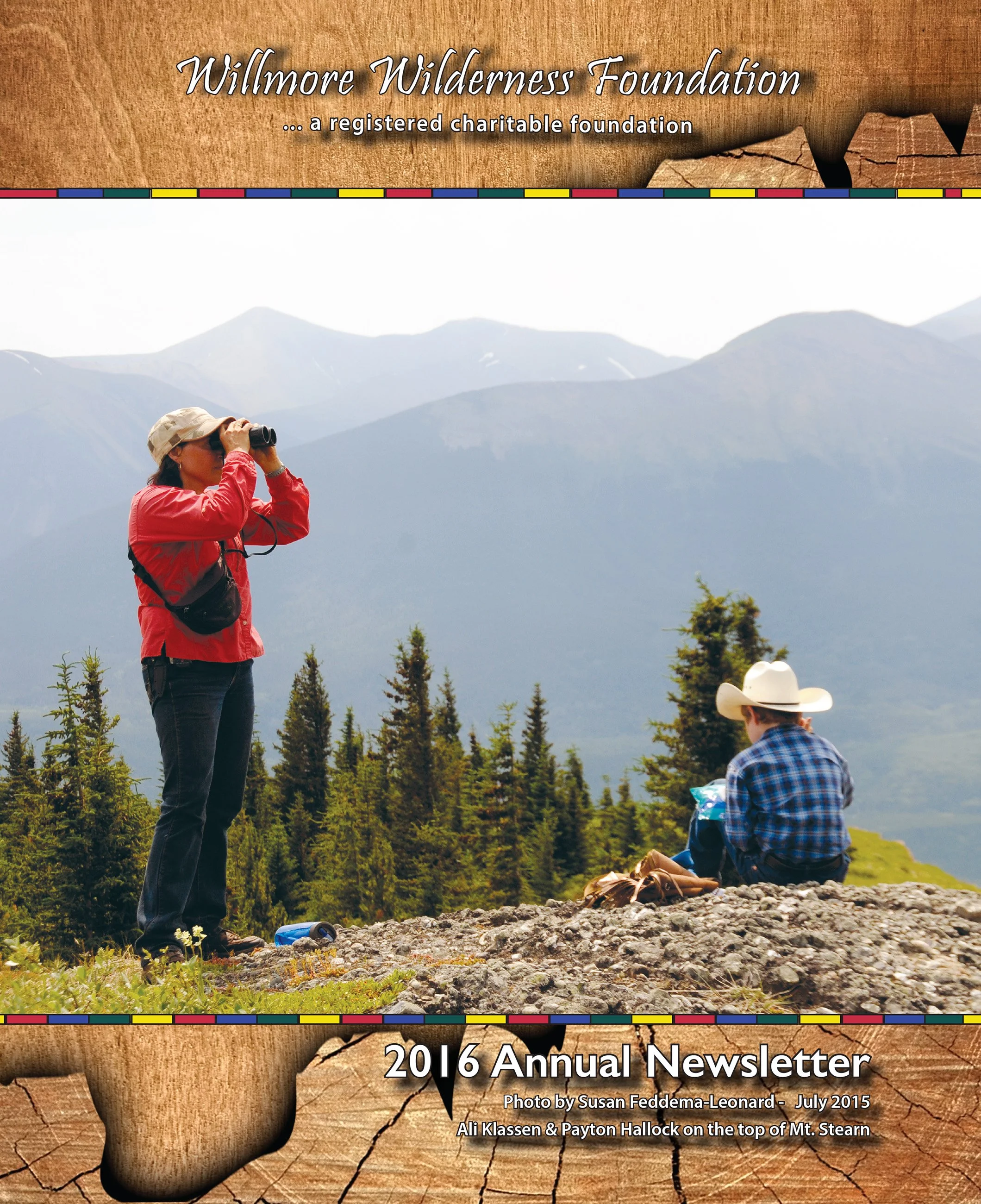 2016 Willmore Wilderness Foundation annual newsletter cover showing hikers on Mount Stearn, with one person using binoculars against a mountain backdrop