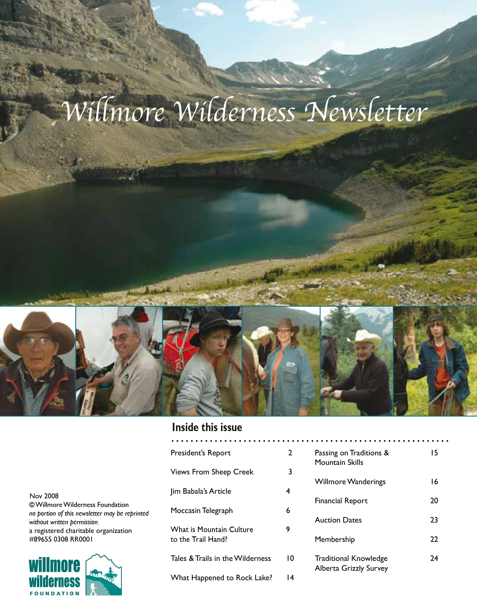 November 2008 Willmore Wilderness Newsletter cover featuring a mountain lake, rugged peaks, hikers, and the Willmore Wilderness Foundation logo.