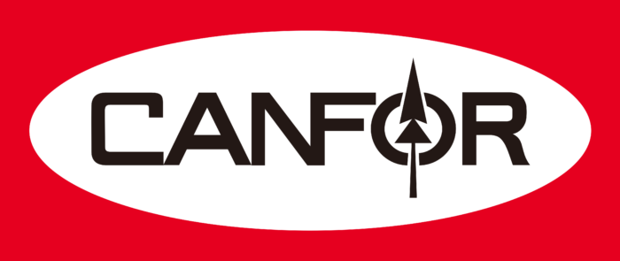 CANFOR logo in black on a white oval against a red background