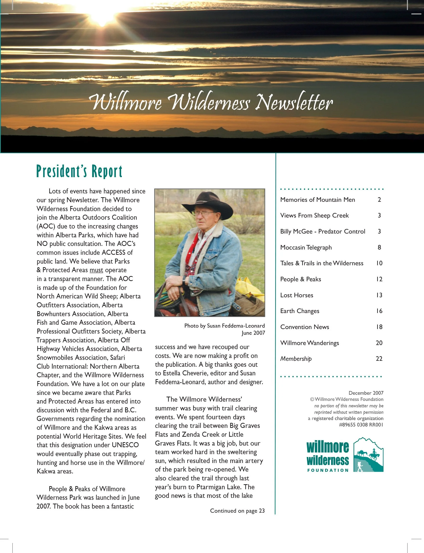 December 2007 Willmore Wilderness Newsletter cover featuring a sunset over mountain silhouettes, President’s Report, contents page, and a portrait of a man in a cowboy hat.