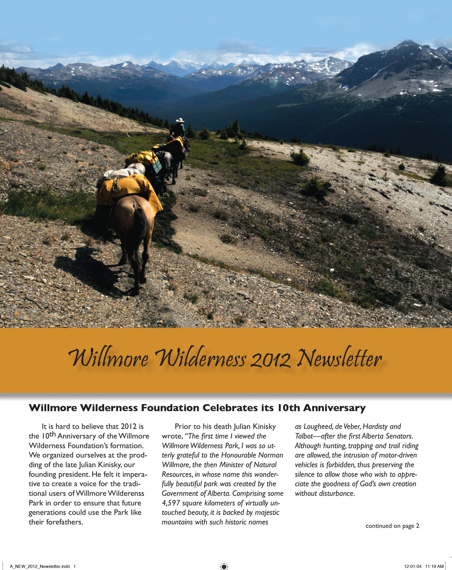 Pack horses carrying supplies along a mountain trail in Alberta’s Willmore Wilderness Park, featured on a 2012 Willmore Wilderness Foundation newsletter cover