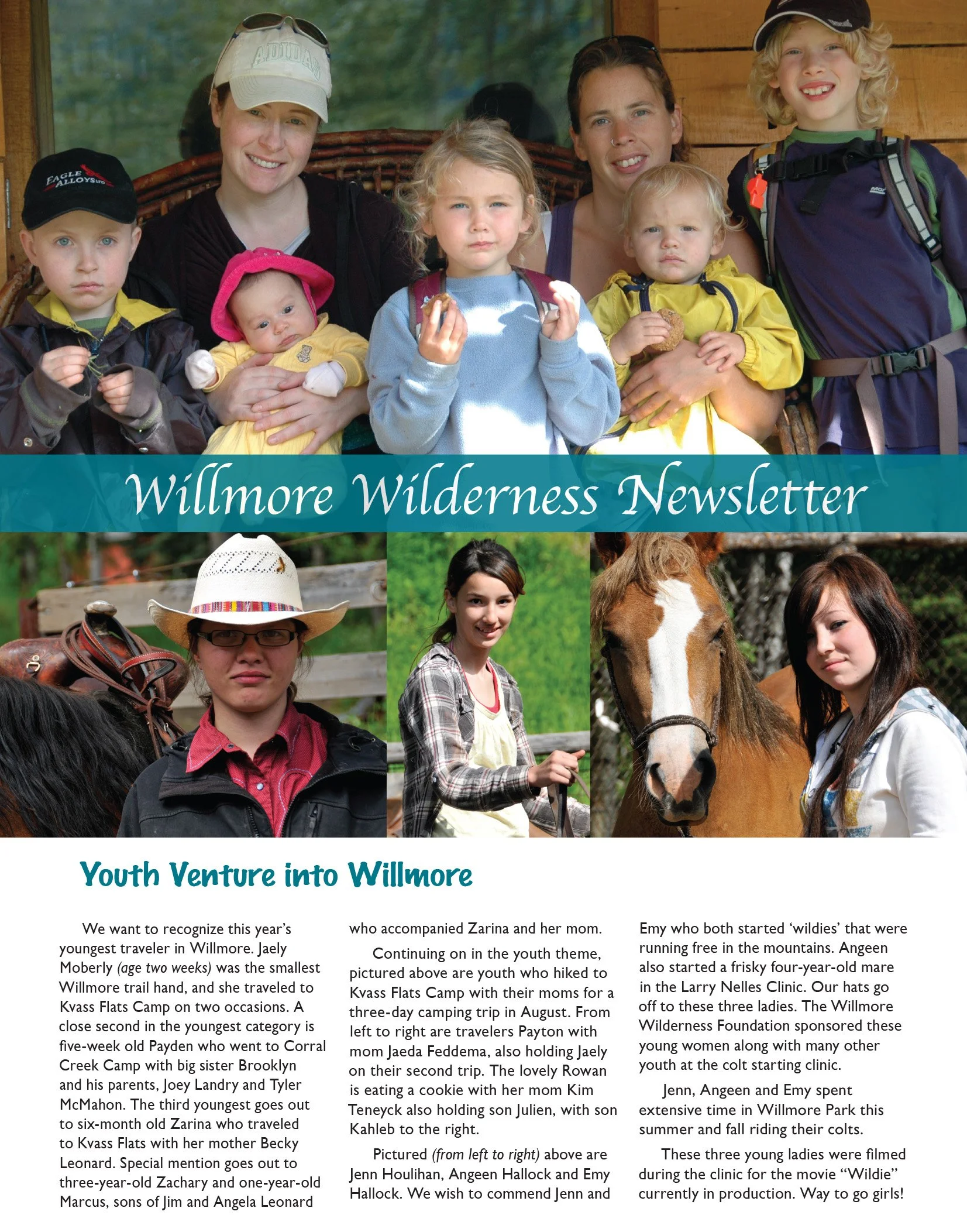 Willmore Wilderness Newsletter page featuring families camping, horseback riding, and youth wilderness activities.