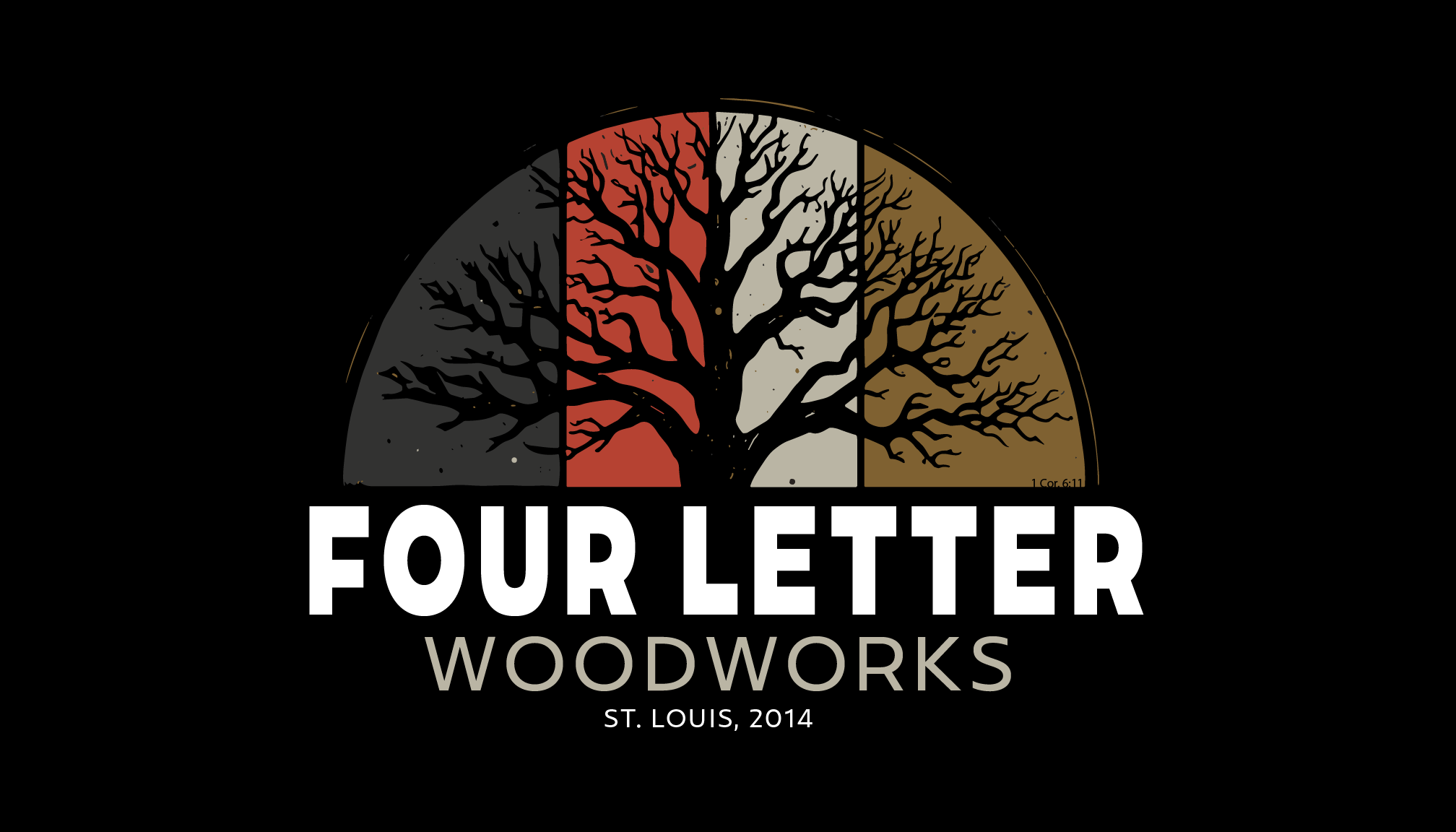 A logo for Four Letter Woodworks featuring a stylized tree with black branches in front of a circular background divided into four sections with a black, red, cream, and brown color scheme, with the text "FOUR LETTER WOODWORKS" and "ST. LOUIS, 2014" below.
