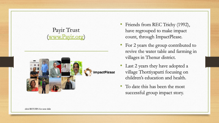 Slide about Payir Trust with website link, group photos, ImpactPlease logo, and bullet points describing the group's activities and impact.
