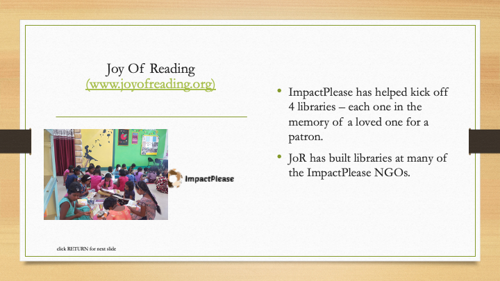 Slide titled "Joy Of Reading" with a URL www.joyofreading.org, showing a photo of children reading in a colorful classroom, and text about ImpactPlease and JoR supporting libraries and NGOs.