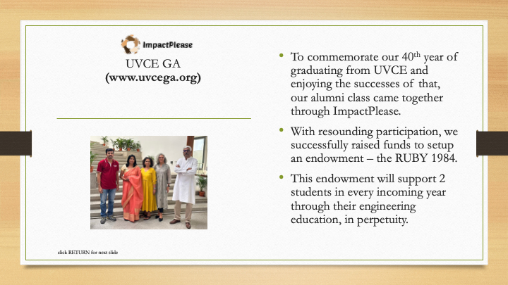 A presentation slide from ImpactPlease UVCe GA with a group photo of five people, including a woman in an orange sari, overlaying a green and white background with text about celebrating 40 years of alumni success and fundraising for student scholarships.
