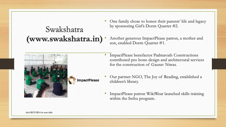 Slide presentation about Swakshatra's sponsors and partners, featuring a photo of children in green uniforms sitting in a classroom.