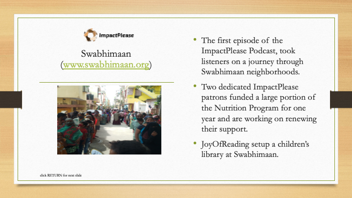 Slide from a presentation about Swabhimaan, showing impacts of ImpactPlease with a photo of a crowded street scene in Swabhimaan.