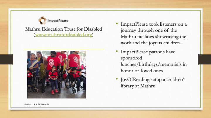 Group of children and adults, some with disabilities, participating in an event at Mathru Education Trust, with ImpactPlease sponsorship details and a photo of children in wheelchairs.