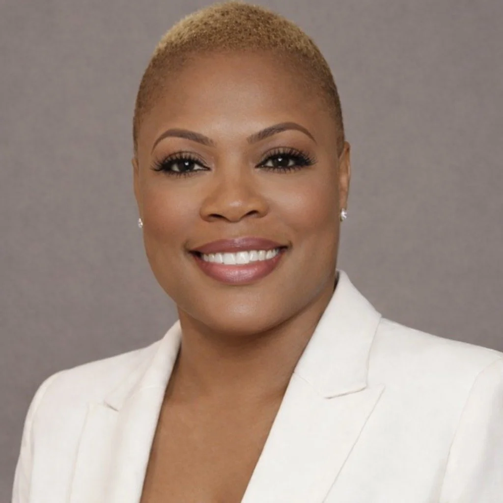 A professional woman with short blonde hair, wearing a white blazer and jewelry, smiling against a gray background.