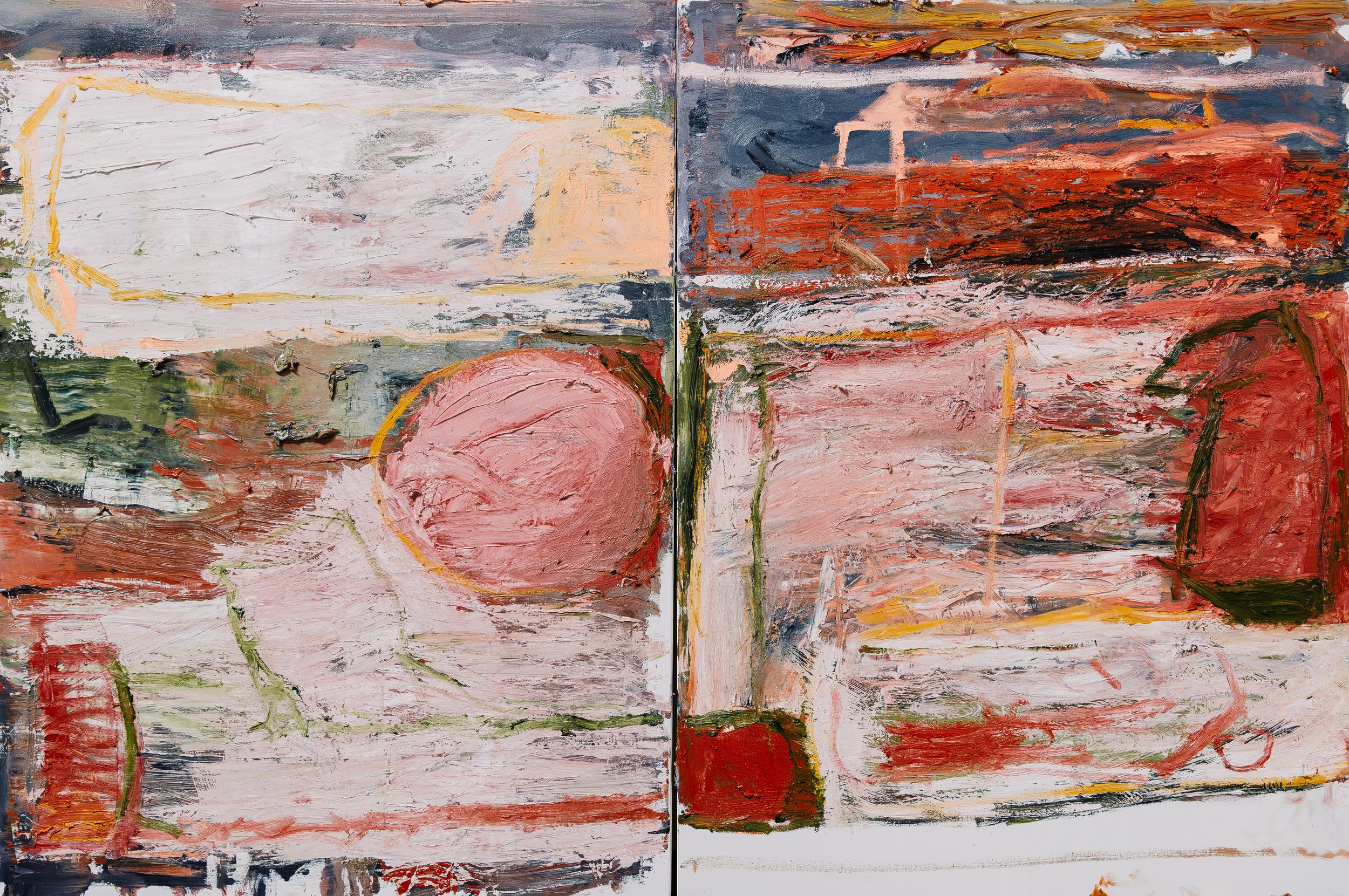 May Diptych, 2026. Oil on canvas, 121 x 181cm (diptych; each 121 x 91cm)