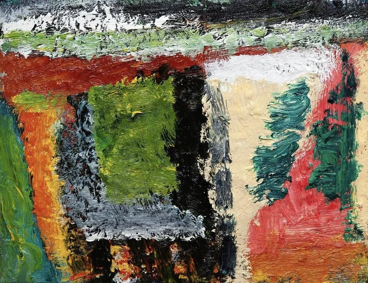 Desktop with Trees, 2024-25. Oil on canvas, 40 x 50cm (private collection)