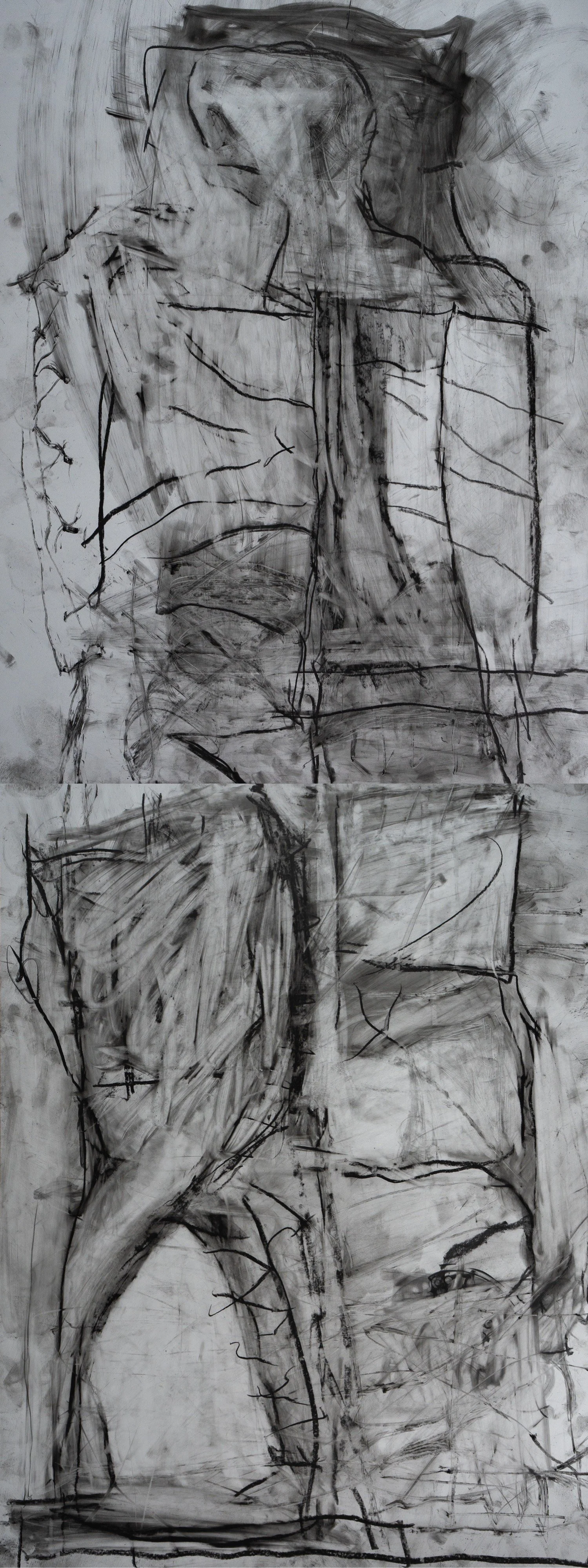 Whale Fall Talk Show Host, 2025. Graphite and pastel on yupo paper, 130 x 50 cm (diptych; each 65 x 50cm)