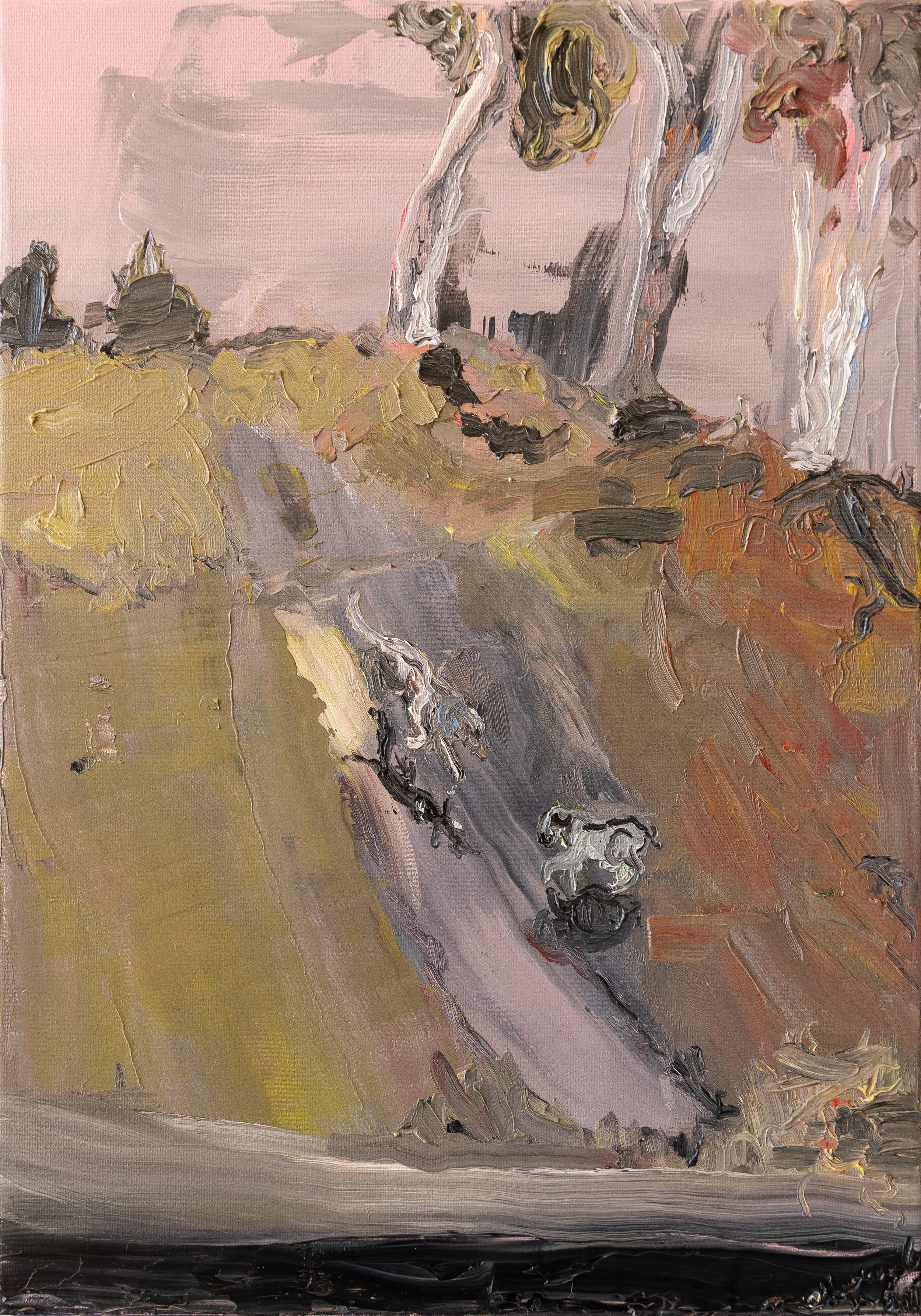 Rainy day with dogs (Mount Steel, Moore Park), 2021. Oil on canvas, 35 x 22cm (first oil painting) - (private collection)