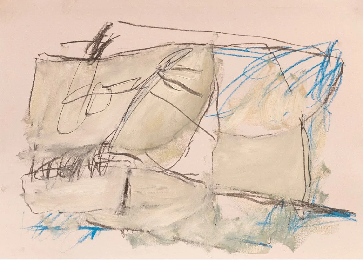 Table, 2022. Charcoal, coloured pencil and oil paint on paper, A4 (private collection)