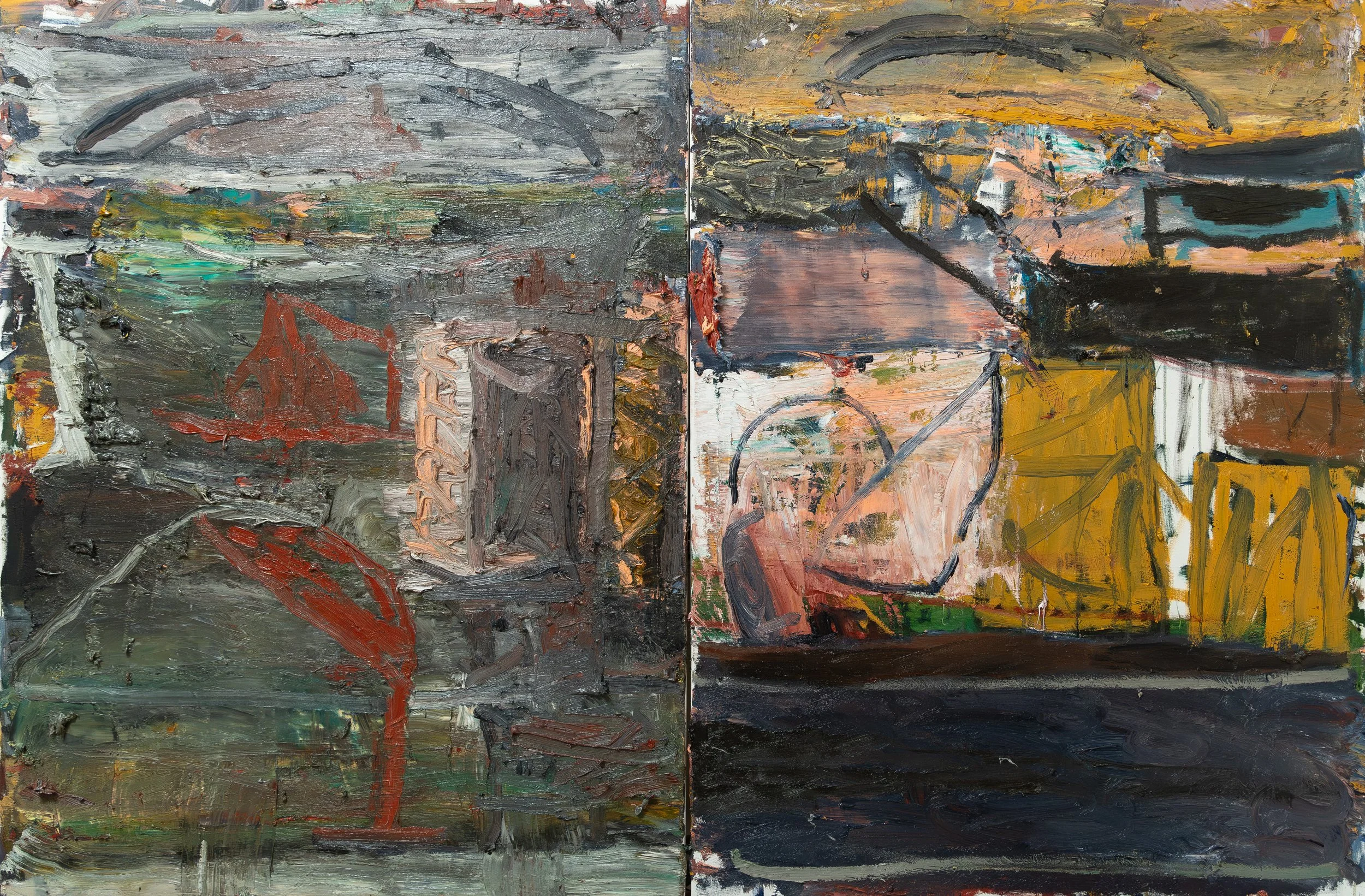 Bastard Pastoral, 2026. Oil on canvas, 121 x 181cm (diptych; each 121 x 91cm)