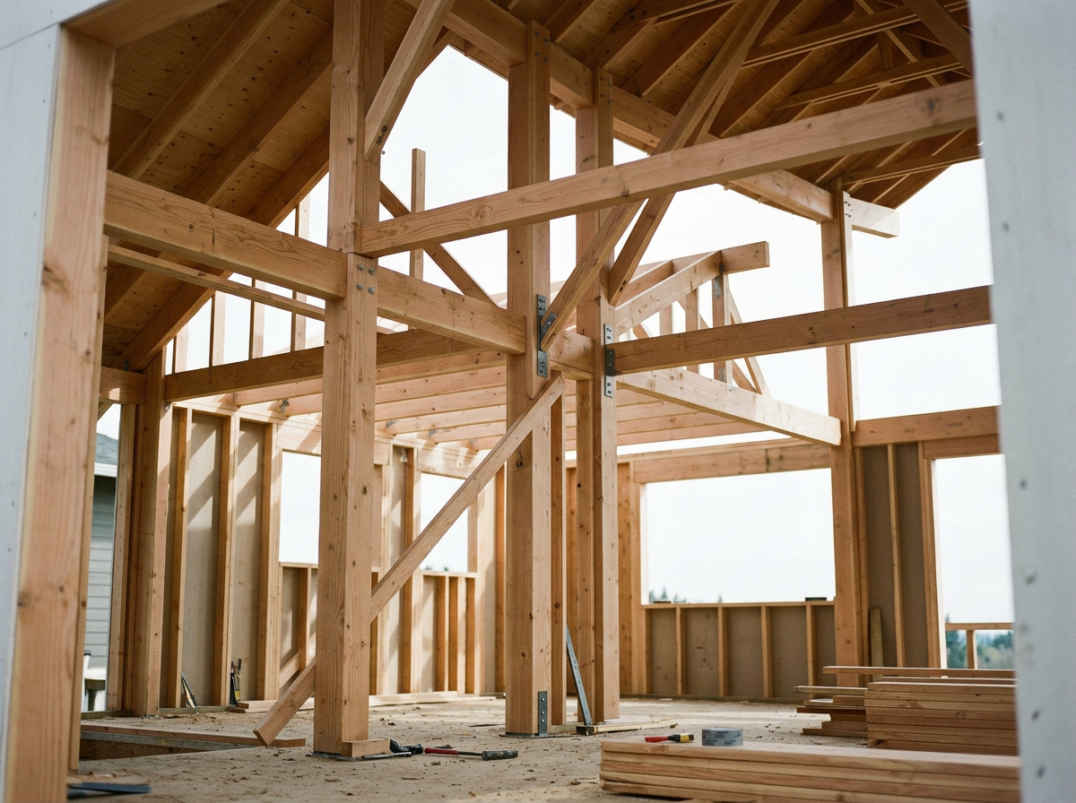 Interior view of a building under construction, showing exposed wooden framing, studs, and beams, with construction tools and lumber on the floor.