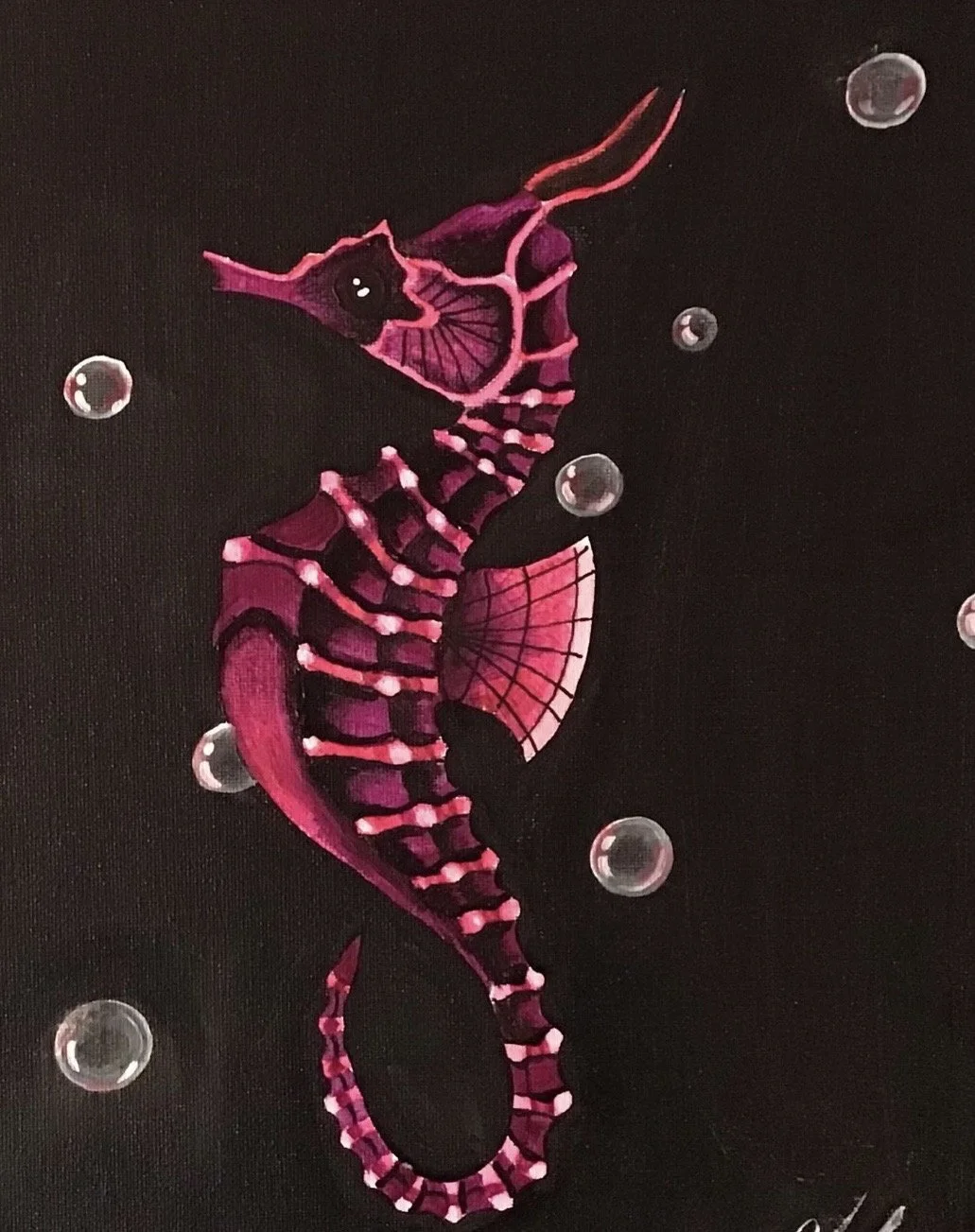 Hippocampe|
12 x 9 pouces|
Acrylique sur toile|
2023|
Collection privée