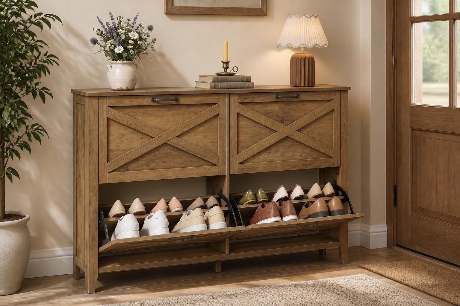 A wooden shoe storage cabinet with two sliding drawers open, revealing multiple pairs of shoes inside. On top of the cabinet, there is a vase with flowers, a candle, some books, and a table lamp.