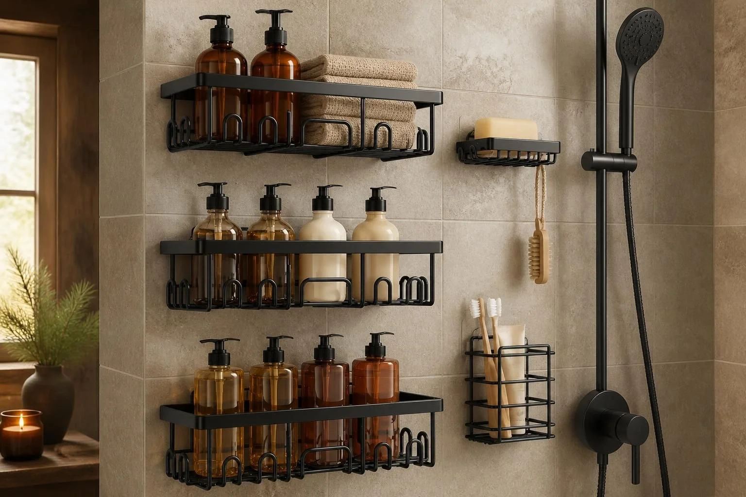 Bathroom shower with black wire shelves holding brown and white bottles, towels, soap, toothbrushes, and a loofah shower head.