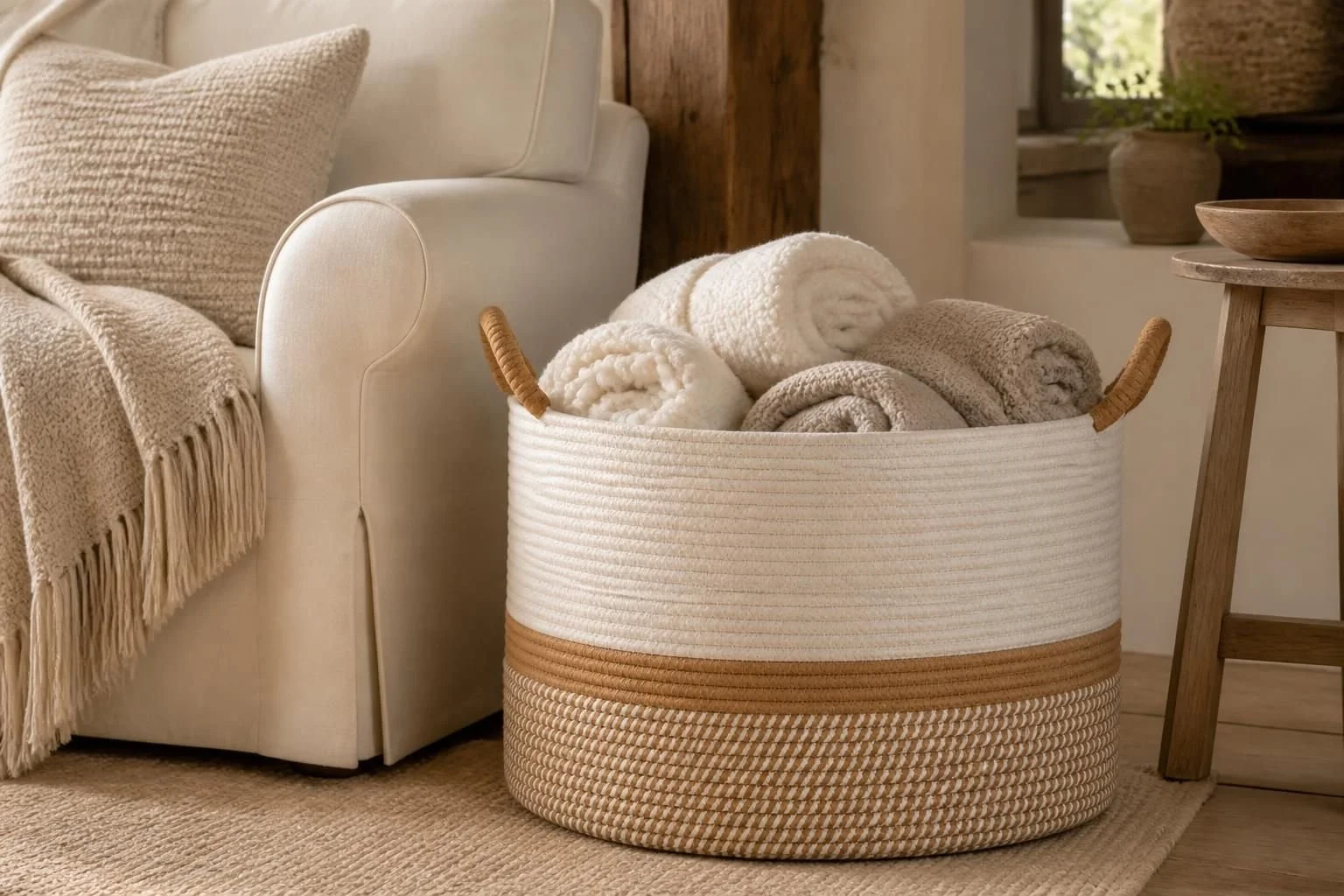 A woven basket filled with rolled, cream and beige towels placed near a beige sofa with a textured blanket and cushions, in a cozy living room with wooden accents.