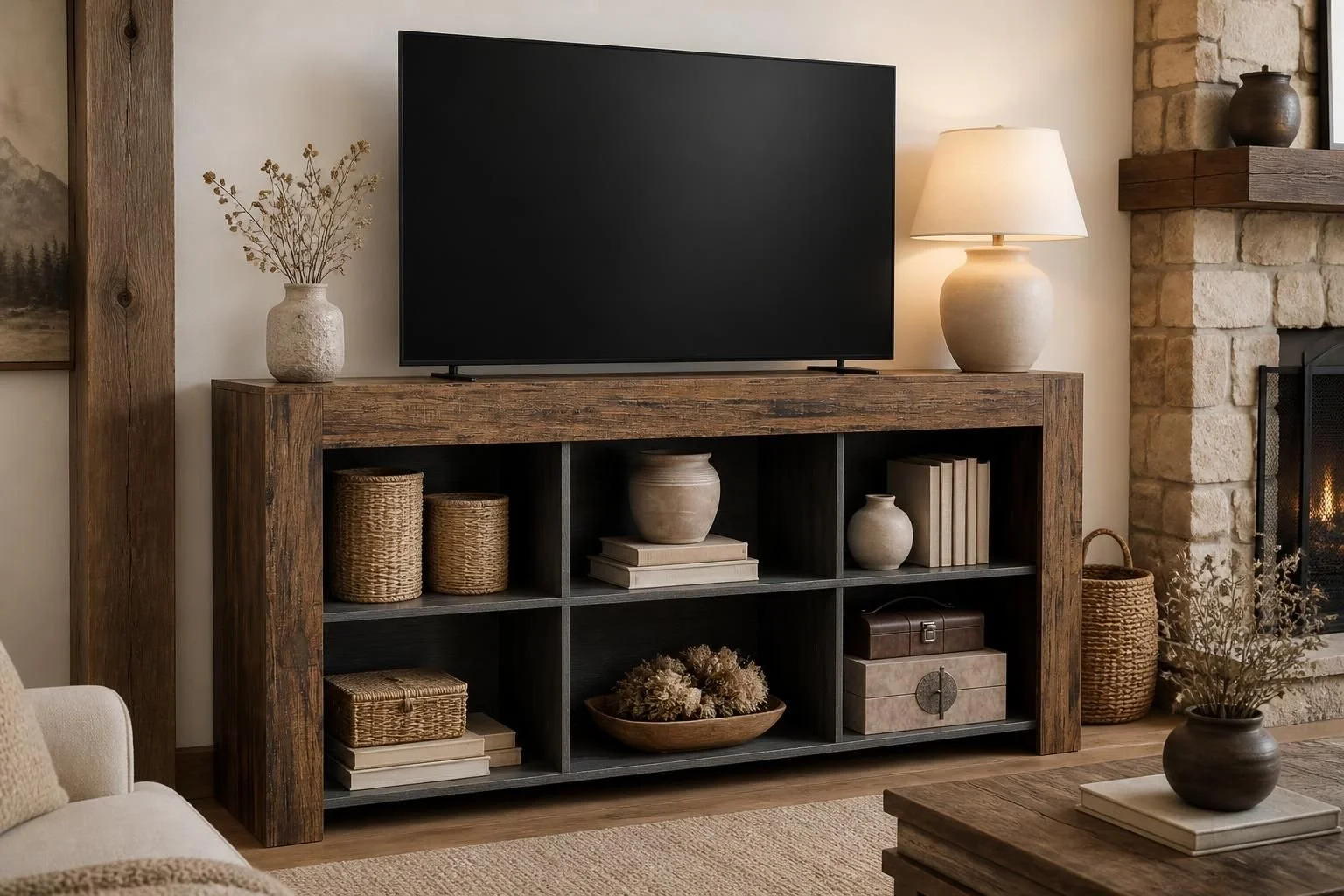 Living room with a large flat-screen TV on a rustic wooden entertainment center, decorated with ceramic vases, books, and wicker baskets, next to a stone fireplace with a wooden mantle and a table lamp.