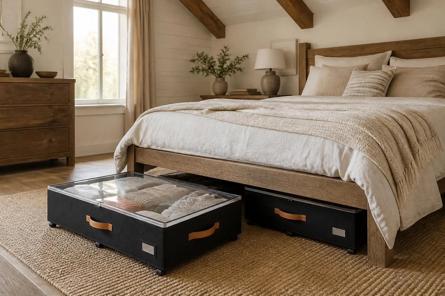 Cozy bedroom with a wooden bedframe, neutral bedding, and decorative pillows, a wooden dresser and side tables with lamps and plants, and a storage box with a transparent lid on a beige rug.