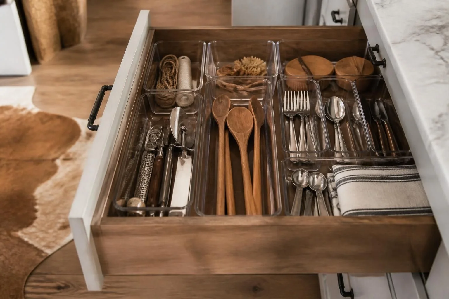 Drawer with various kitchen utensils and decor in organized sections, including wooden spoons, metal forks, teaspoons, and a cloth napkin.
