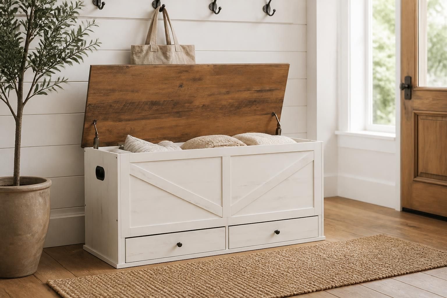 A white storage bench with a wooden lid in a room with white shiplap walls, beside a window and a potted plant.
