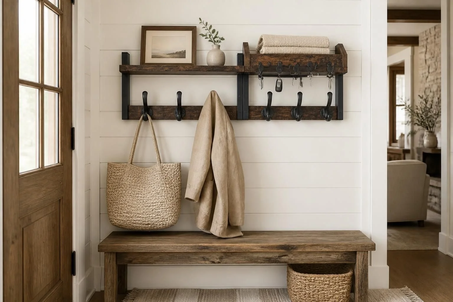Entryway with wooden bench, coat hooks, woven bag, beige coat, shelf with framed picture, potted plant, and set of keys, in a home interior