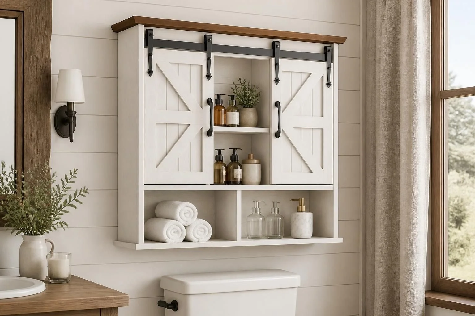 A bathroom with a white barn door cabinet on the wall, holding towels, lotion bottles, and a plant. The room has wood accents, a window with curtains, and a wall-mounted light fixture.