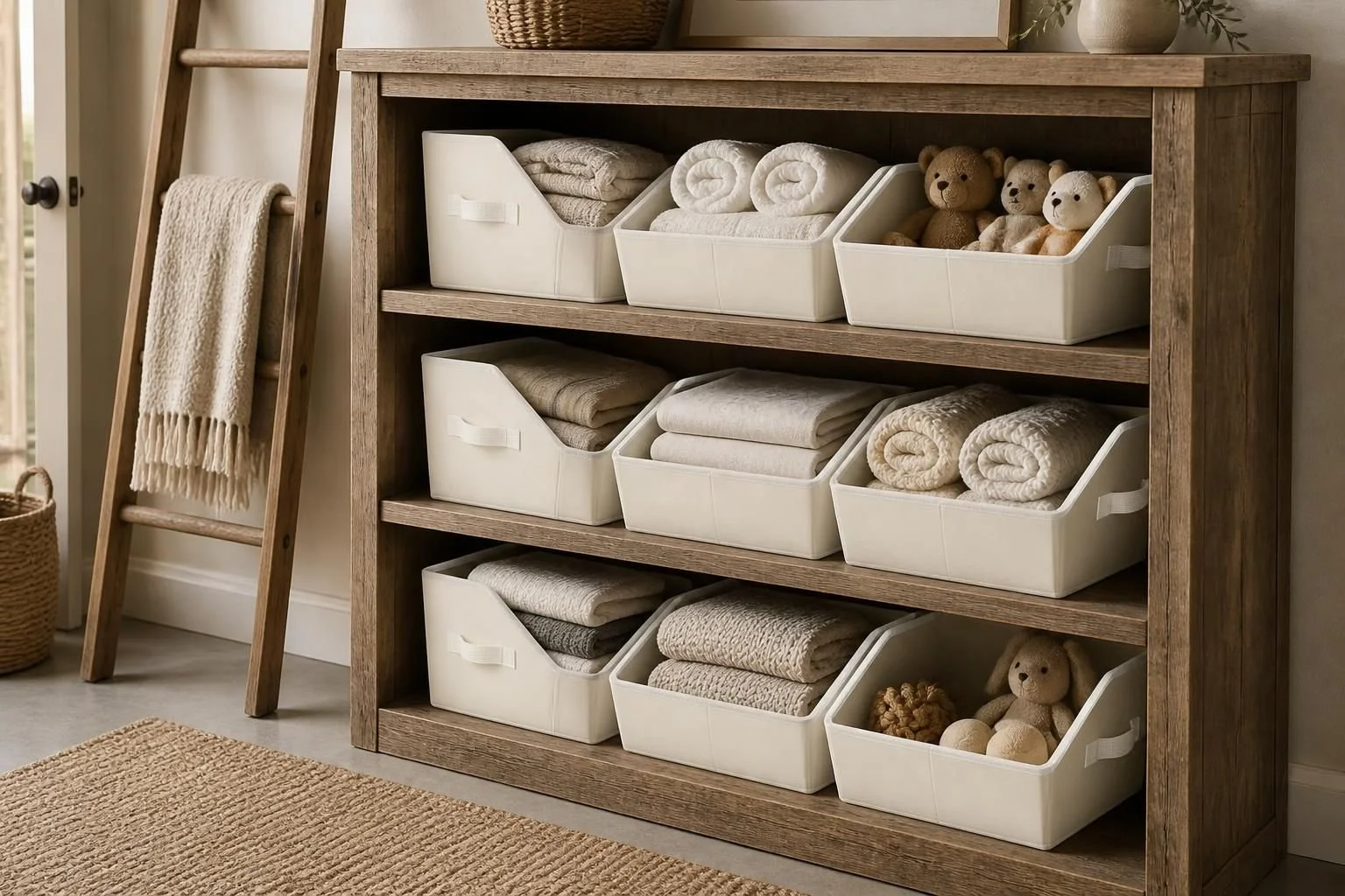 Wooden storage shelf containing neatly folded blankets, towels, and plush teddy bears in white bins, with a beige rug and a ladder with a towel hanging on it nearby.