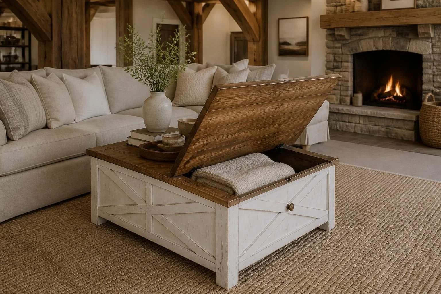 Living room with a beige sofa, a white and wood coffee table with a hinged lid, a vase with green foliage, a fireplace with a burning fire, and a woven basket, featuring wooden beams and a neutral-toned decor.