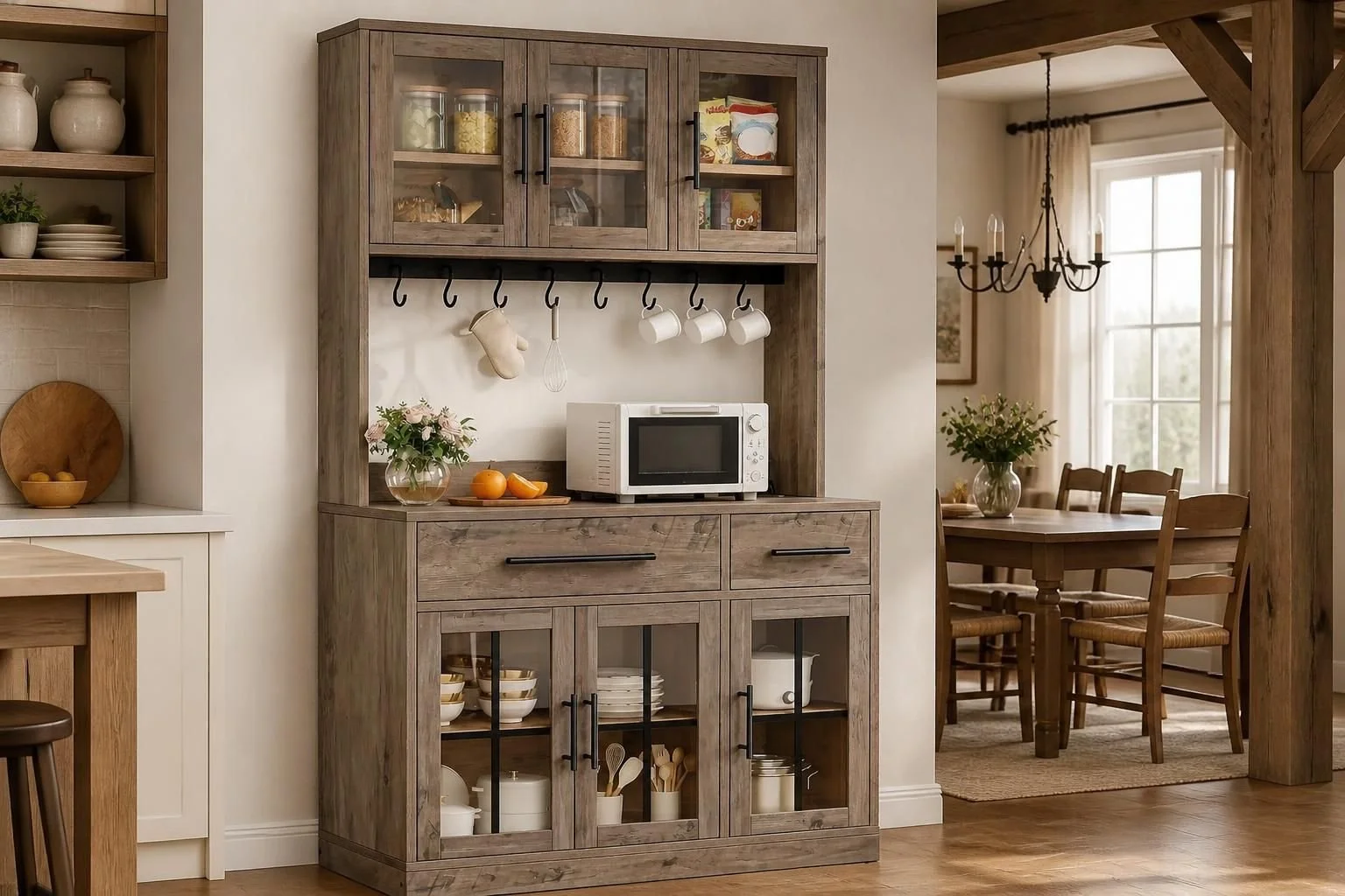 A rustic wooden kitchen cabinet with glass doors, containing jars and dishes, with hooks holding cups and a mitten, a microwave, and decorative items, adjacent to a dining area with a wooden table, chairs, and a large window.