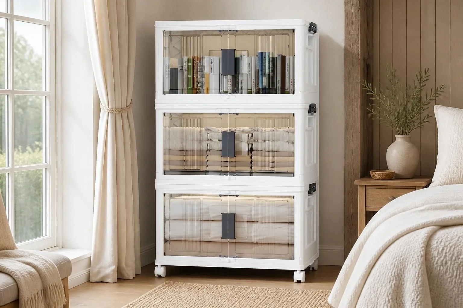 A white, multi-tiered storage cart with transparent doors, filled with books and folded linens, in a bedroom next to a window with cream-colored curtains.
