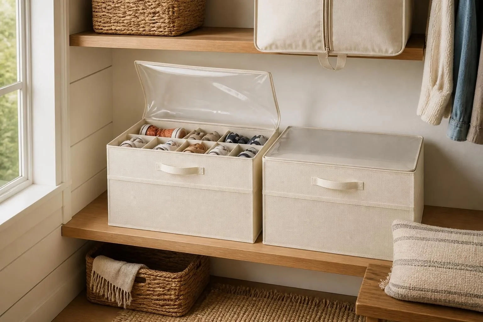 Storage boxes with jewelry and a woven basket with a towel inside, situated on a wooden shelf near a window.