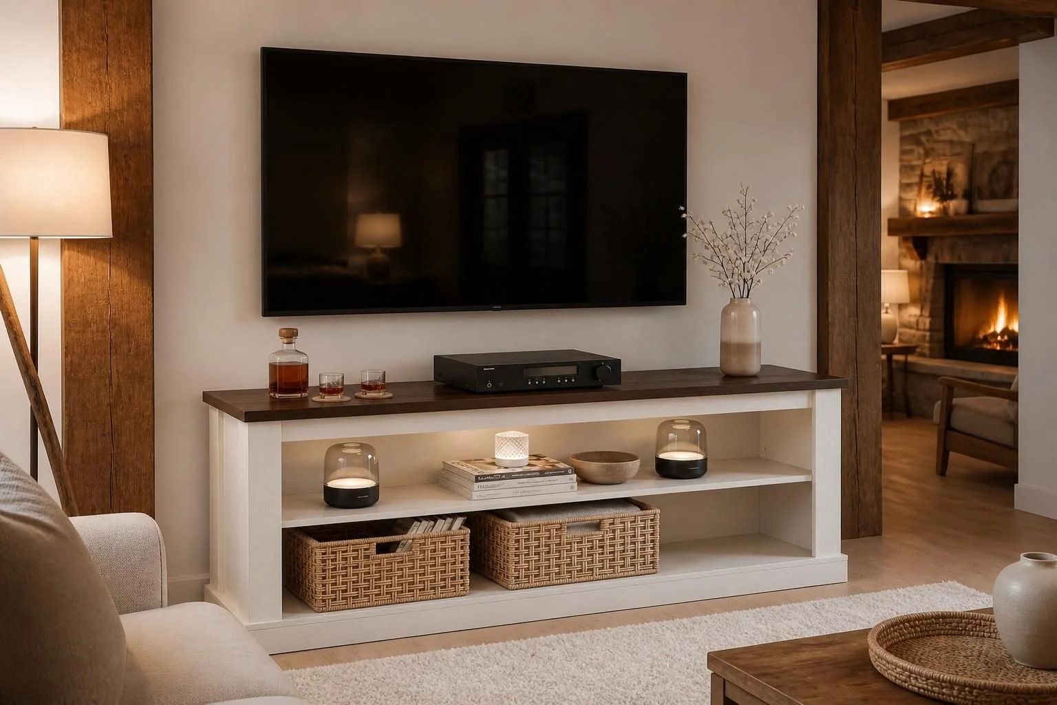 Living room entertainment area with flat-screen TV mounted on wall, decorated console table below with books, candles, and decor, cozy fireplace visible in background.