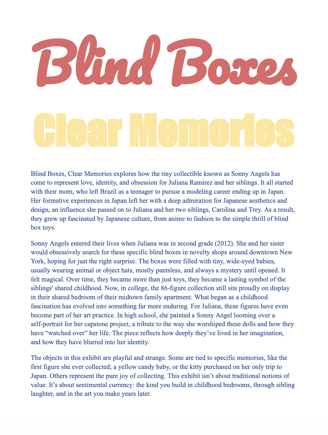 Exhibit page titled 'Blind Boxes Clear Memories' with descriptive text about the history and significance of Sonny Angels' collectible blind boxes.