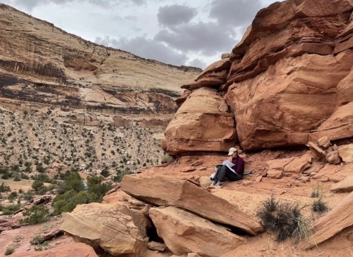 A person sitting against a large rock formation in a desert landscape with layered rock formations and sparse vegetation under a cloudy sky.
