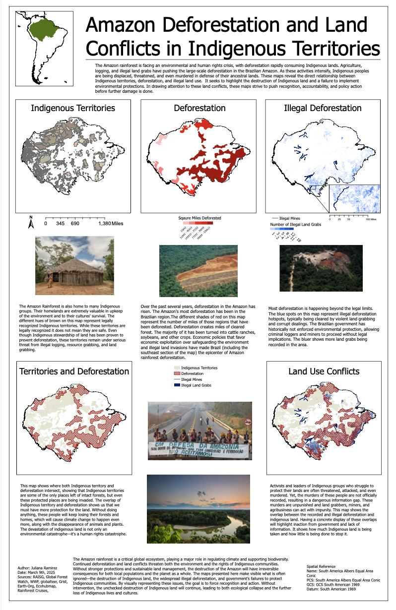 A detailed infographic on Amazon deforestation showing maps of indigenous territories, deforestation, illegal deforestation, and land use conflicts, with accompanying text and photographs.