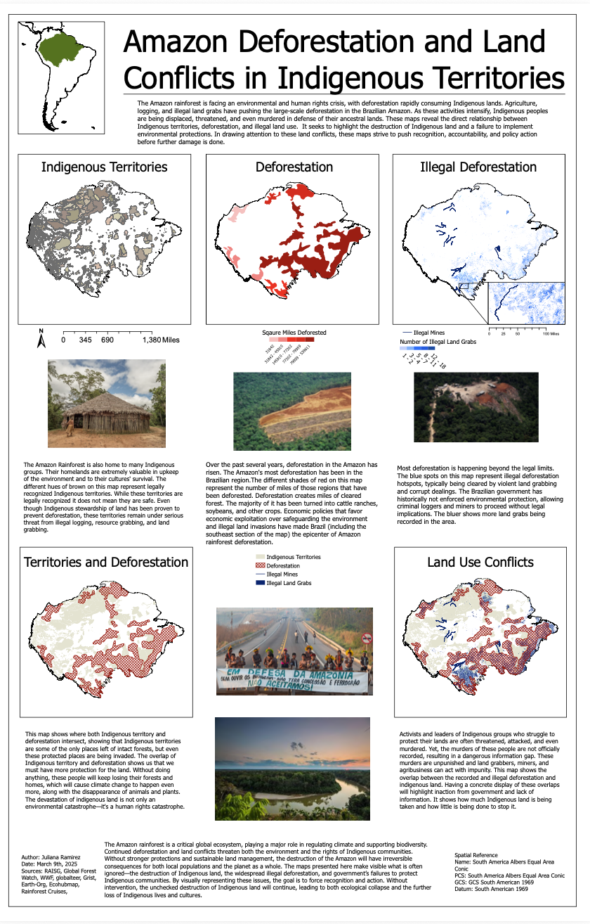 A detailed infographic map about Amazon deforestation and land conflicts, including maps, charts, and images. The infographic covers topics like indigenous territories, deforestation rates, illegal activities, and land use conflicts in the Amazon rainforest.