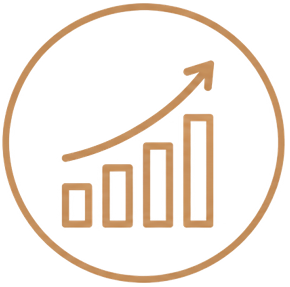 Upward-trending bar chart with an arrow inside a circular outline