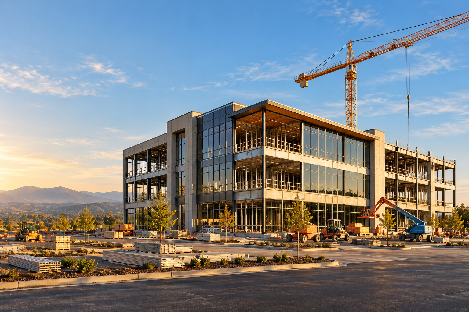 Modern glass office building under construction with tower crane and construction equipment against a mountain backdrop