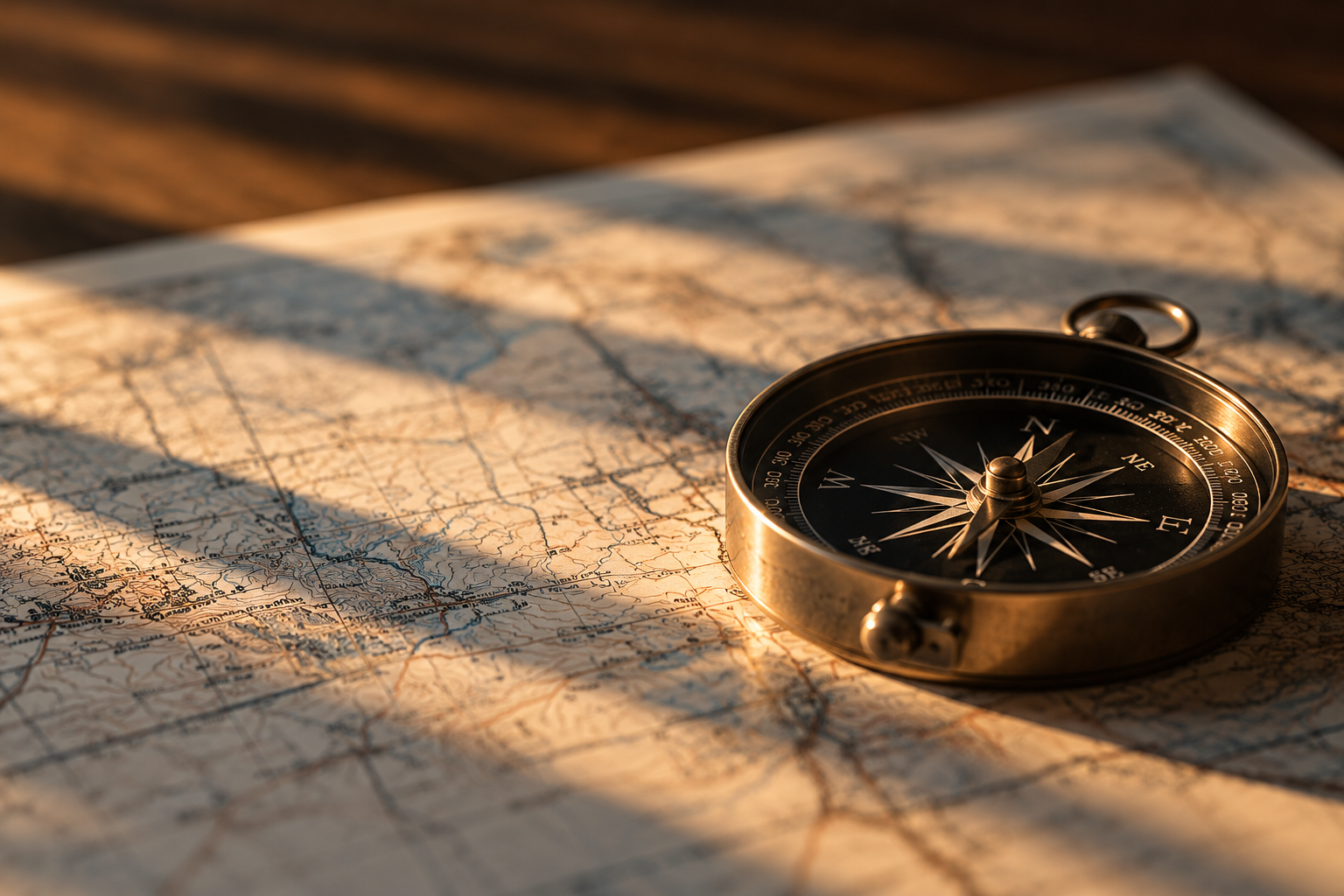 Brass compass resting on an antique map in warm sunlight