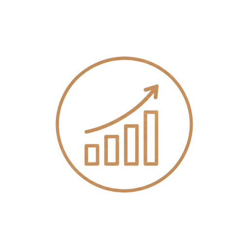 Brown line icon of rising bar chart with upward arrow inside a circle