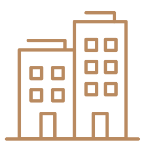 Minimalist brown outline icon of two adjacent multi-story buildings with windows and doors