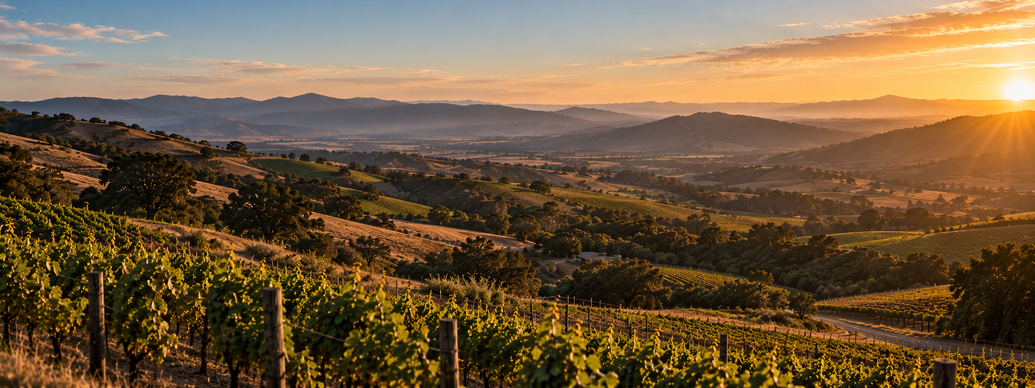 Golden sunset over rolling vineyard hills, farmland, and distant mountains