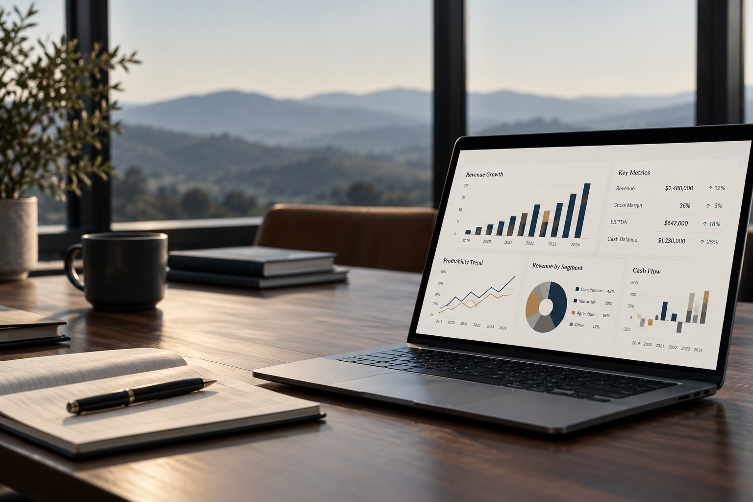 Laptop displaying business analytics dashboards on a wooden desk beside a notebook, pen, coffee mug, and mountain view.